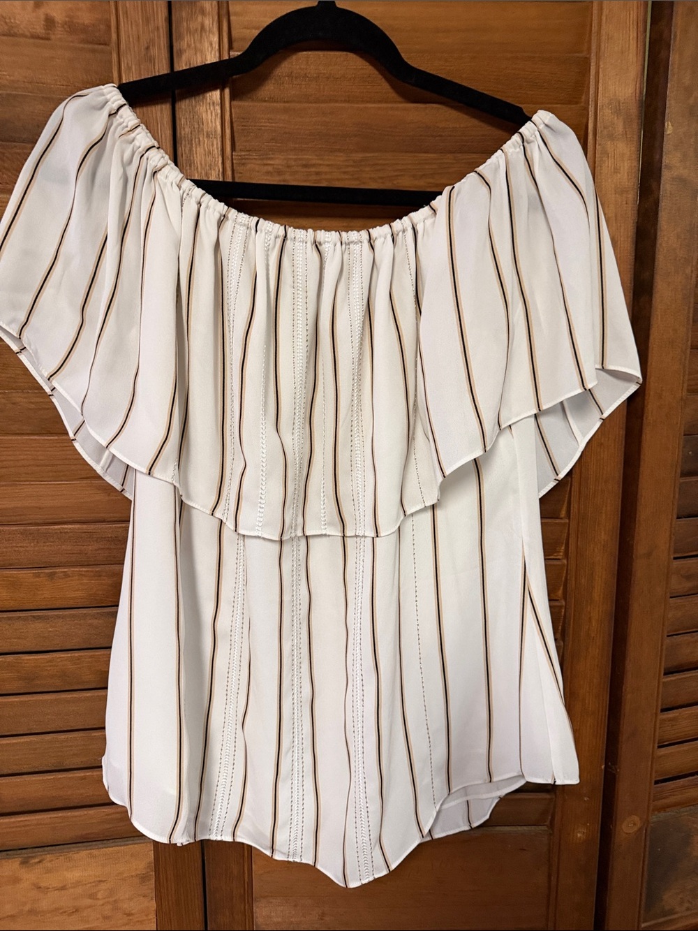 Off-Shoulder Striped Ruffle Women’s Top in Cream and Brown